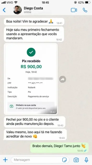 Print de conversa de Diego Costa: R$ 900 no Pix