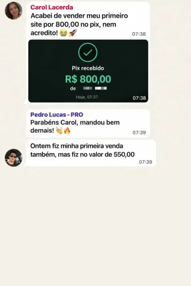 Print de conversa de Carol Lacerda: primeira venda