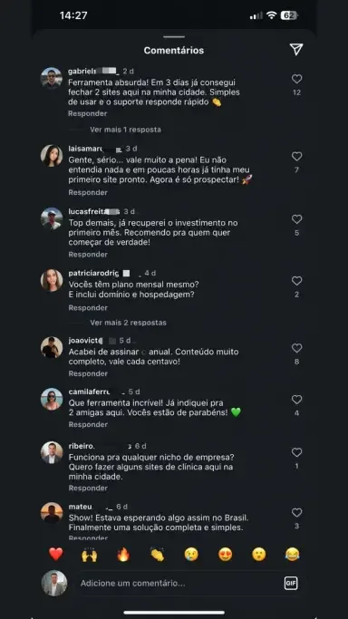 Comentários de assinantes no Instagram
