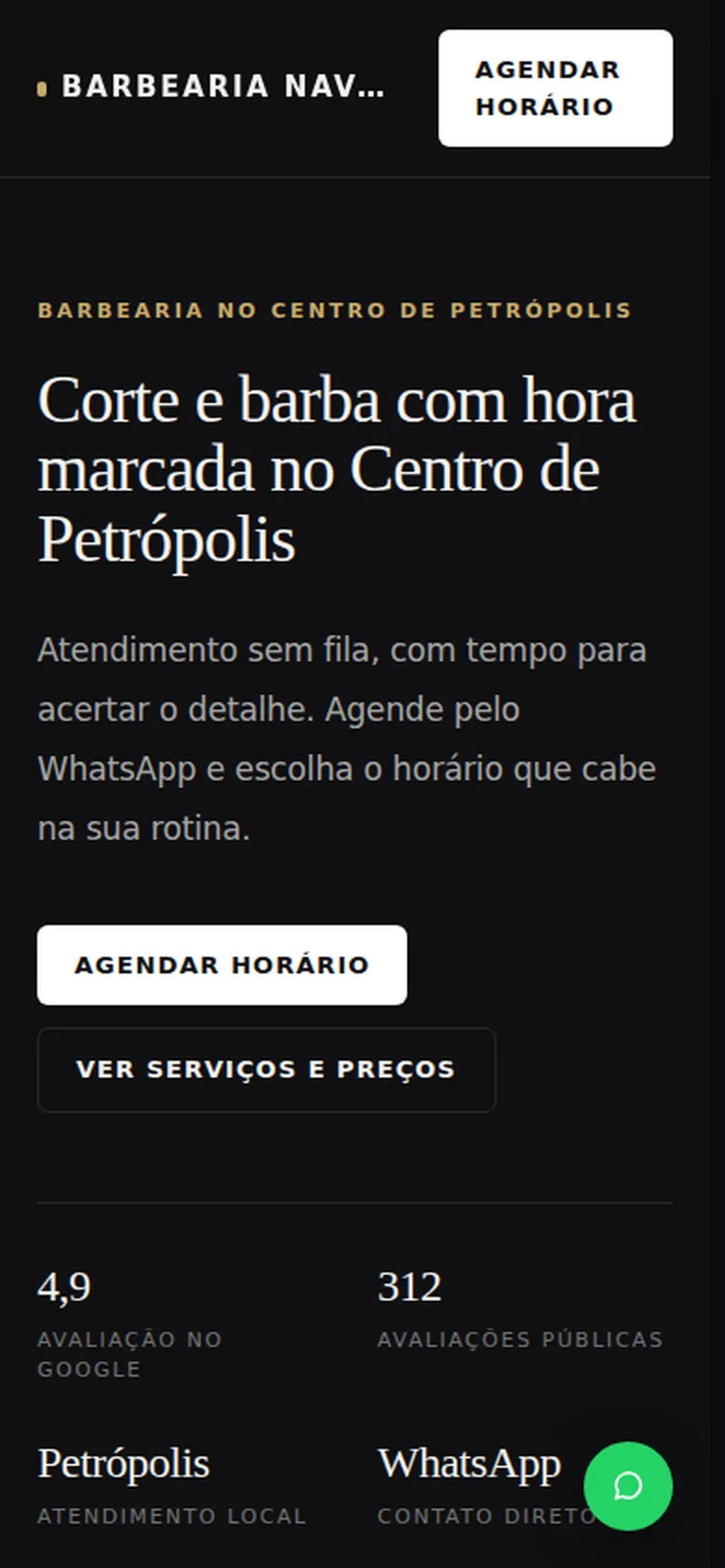 Site de uma barbearia gerado pela FLUX, aberto no celular